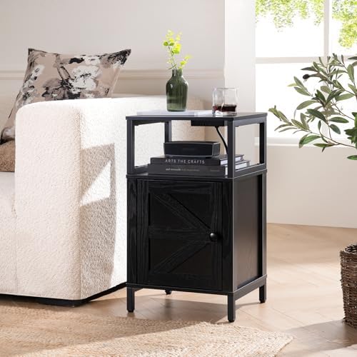 Yoobure Farmhouse Nightstand with Charging Station, Night Stand Barn Door