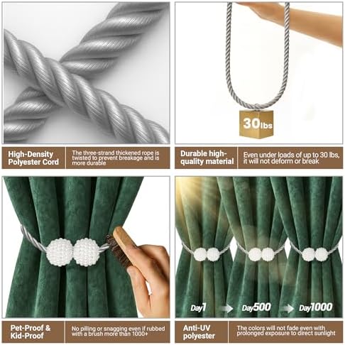 Hion Magnetic Curtain Tiebacks Grey 6pcs, Curtain Holdbacks Hooks Holders