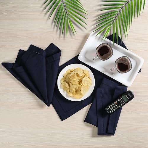 Lightnpro Hemstitched Cotton Cloth Napkins Set of 12, 18x18 Inch, Navy