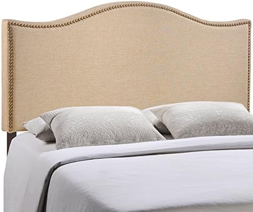 Modway Curl Linen Fabric Upholstered Queen Headboard with Nailhead Trim and Curved Shape in Café