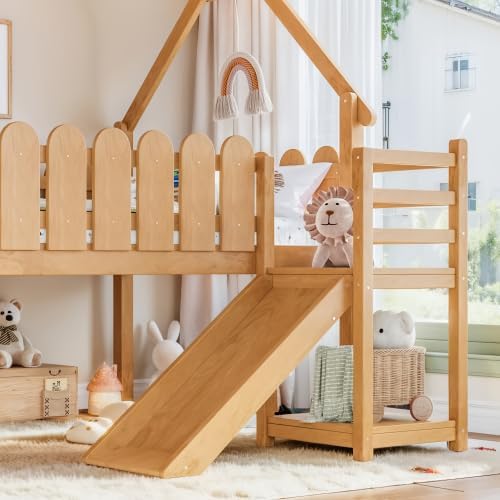 Bellemave Low Loft Bed Full with Slide and Lights Strip for Kids, Natural