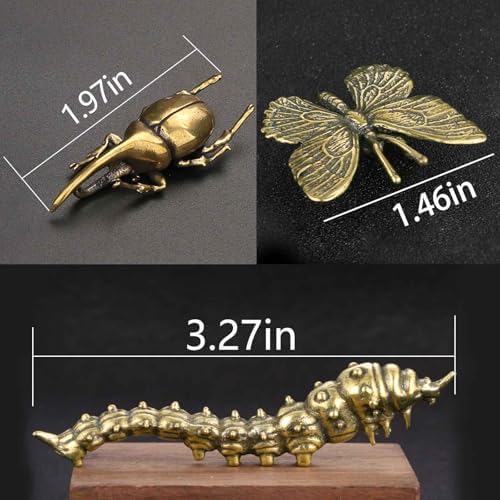 3PC Beetle Caterpillar Butterfly Sculpture Solid Metal Brass Animal Figurine Mini Insect Statue Ornament for Home Office Garden Desktop Decor Scene Decoration (Beetle + Caterpillar + Butterfly)
