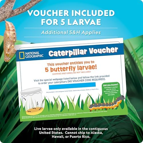 National Geographic Ultimate Butterfly Growing Kit - Butterfly Activity Kit with Voucher for 5 Live Caterpillars, Butterfly Cage, Butterfly Feeder