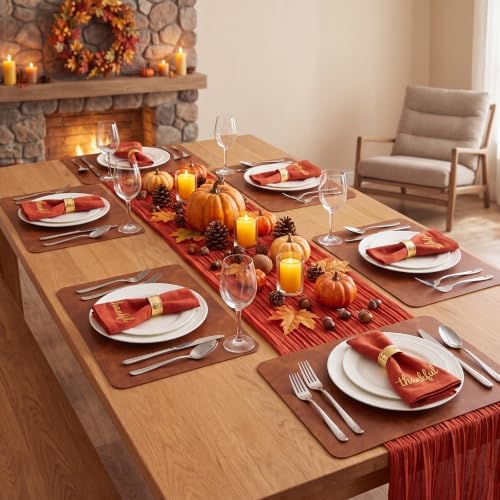 ADRIMER Fall Placemats Set of 8, Heat Resistant Faux Leather Turmeric Brown