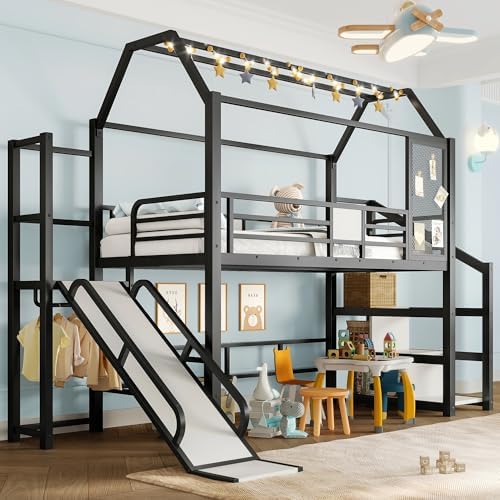 Bellemave Twin Size Metal House Loft Bed with Slide and Stairs,Heavy Duty Playhouse Loft Bed Frame with Storage Shelves for Kids,Teens,Adults,Black