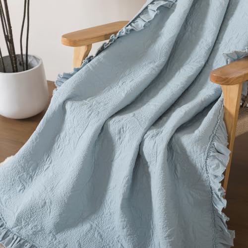 Brandream Dusty Blue Ruffled Quilted Throw Blanket Cotton 47 X 60 Blanket