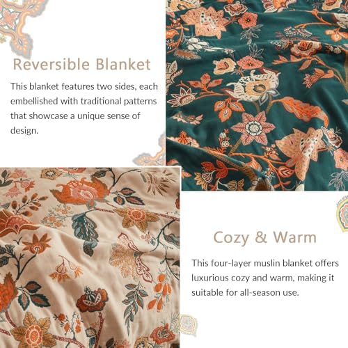 Bailix Boho Throw Blanket, 100% Cotton, Woven Floral Pattern, 80"x90"