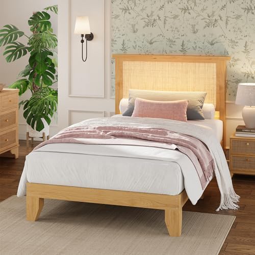coucheta Bohemian Twin Rattan Bed LED Natural Headboard Bedroom