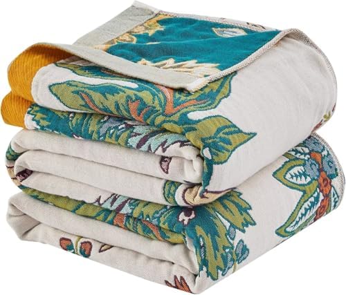 Boho Throw Blanket for Bed 100% Cotton Bohemian Blankets Ultra Soft Woven Muslin Decorative Blankets All Seasons Vintage Quilt Knitted Blanket for Sofa Chair(Beige, 50"x60")