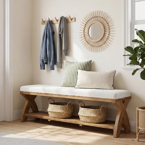 Solid Wood Shoe Bench with Cushion Padded Seat, 55-Inch Farmhouse Entryway Bench Shoe Rack Organizer with X-Shaped Legs for Hallway, Living Room, Closet