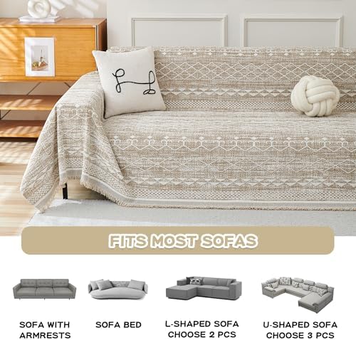 MEETSKY Boho Couch Cover Sofa Slipcover for Sectional Sofa Covers Protector Universal Use Chenille Blend Thick Fabric Washable, Modern Design Sofa Throw Cover for Living Room, 71" x 118", Khaki
