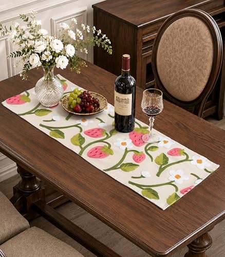 Canvas Embroidered Narrow 13"x 36" Table Runner, Pink Strawberry