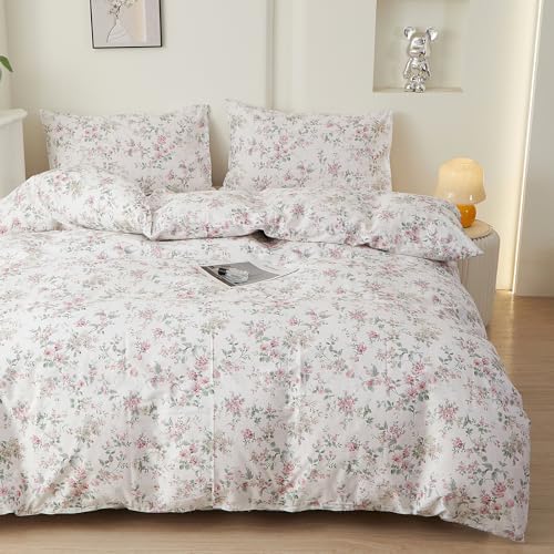 HighBuy Chic Floral Duvet Cover Full Size,3 Pieces Extra Soft Cotton Bedding Set for Kids & Adults,Vintage Pink Floral Farmhouse Comforter Cover Sets 1 Duvet Cover and 2 Pillowcases