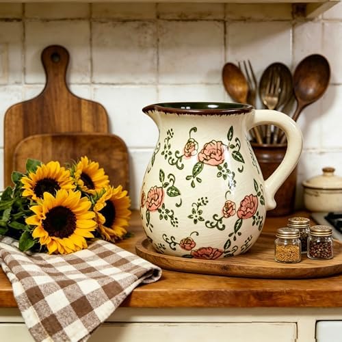 Ceramic Utensil Holder Red Rose 6.1" Rustic Farmhouse Kitchen Counter Crock