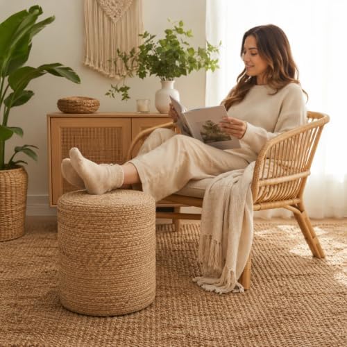 14inch Natural Water Hyacinth Round Pouf Ottomans Wood Frame Rattan Stool