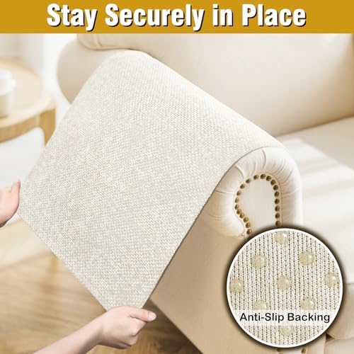 Couch Arm Covers, Sofa Arm Covers, Waterproof Armrest Cover for Sofa, Armchair, Loveseat, Non-Slip Recliner Arm Cover, Headrest Cover, Arm Chair Covers Set of 2 (Cream, 24"×20")