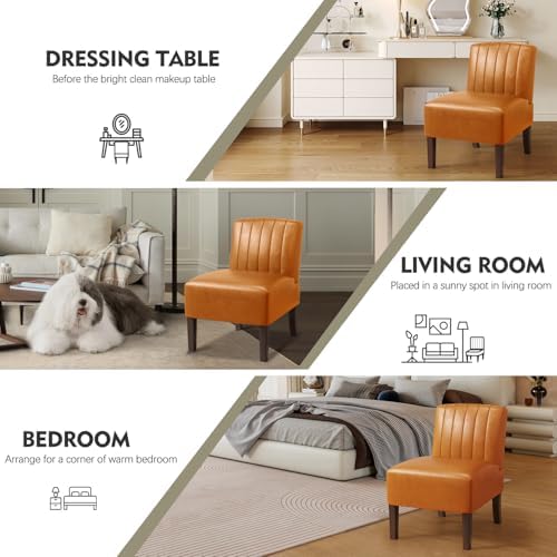VIRRMO Armless Accent Chairs Set of 2 Upholstered Dining Chairs Living Room Chairs with Solid Wood Legs Bedroom Chair Leather Reading Chair Comfy Chair for Bedroom Vanity Kitchen (Brown)