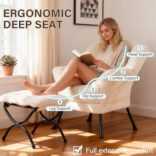 Welnow Lazy Chair with Ottoman, Reading Chair with Footrest, Cream