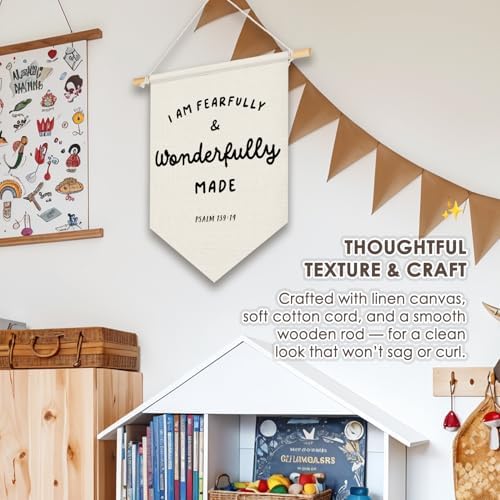 Wheatwin Christian Nursery Decor, I Am Fearfully and Wonderfully Made Wall Hanging Pennant Flag Banner, Bible Verse Wall Decor for Kids Nursery Toddler Room Bedroom Playroom 15x11 Inch