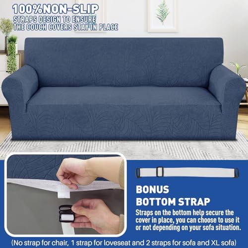 YEMYHOM Couch Cover Latest Jacquard Design High Stretch Sofa Covers for 2 Cushion Couch, Pet Dog Cat Proof Loveseat Slipcover Non Slip Elastic Furniture Protector (Medium, Begonia Leaf Navy)