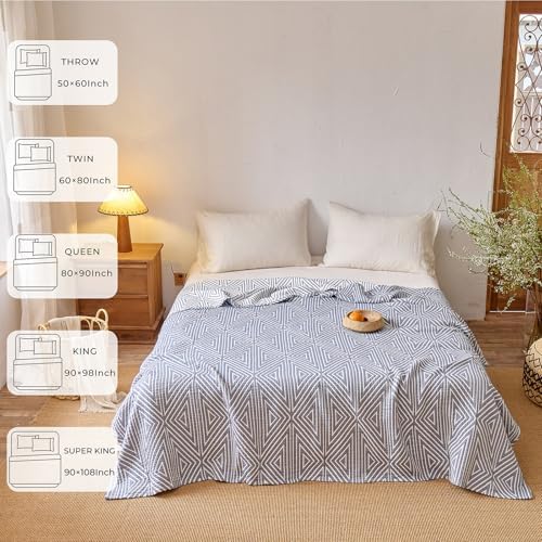 100% Cotton Geometric Reversible Muslin Blanket 60"×80" Blue