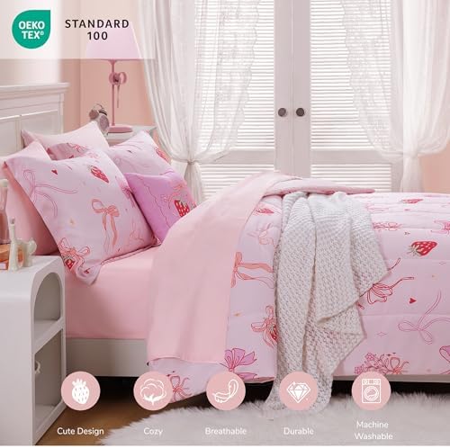 Queen Size Comforter Set for Girls-4 Pieces Pink Bow Queen Bedding Sets