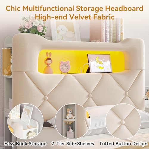 Twin Upholstered LED Bed Frame with 2 Storage Drawers and 2-Tier Storage Bookcase Headboard, Velvet Princess Platform Bed for Kids/Girls/Boys, Heavy Duty Metal Support, No Box Spring Needed, Beige
