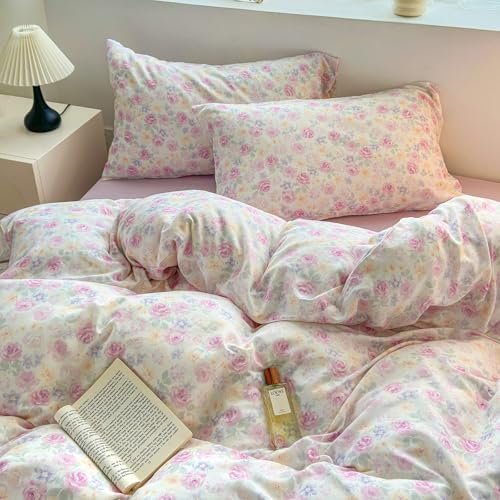 Floral Twin Bed Duvet Cover Boho Pattern Comforter Cover Twin Cotton Double Gauze Cottage Zipper Duvet Cover Set with 2 Pillowcases Flower Farmhouse Bedding Set for Girls Duvet Protector