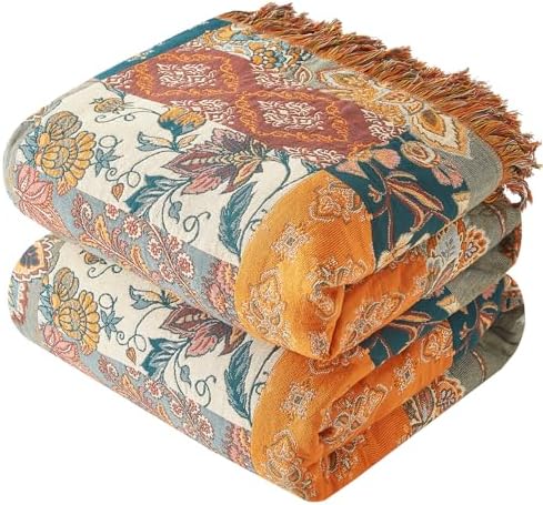 Bailix Boho Throw Blanket, 100% Cotton, Woven Floral Pattern, 60"x80"