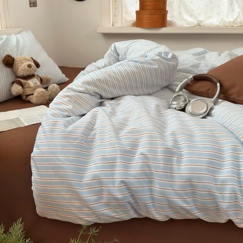 Vintage Striped Duvet Cover Twin XL - 3 Pieces Blue & Brown Stripes Bedding