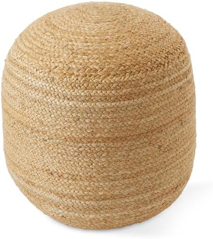 Casafield Hand-Braided Jute Pouf Ottoman Footrest, 18" W x 18" D x 18" H - Round, Natural Woven Boho Floor Cushion, Home Decor for Living Room