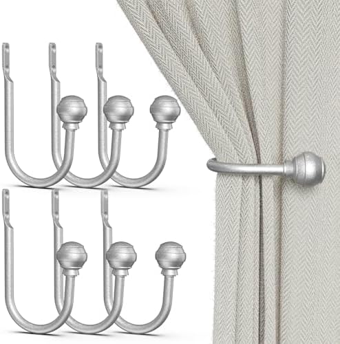 Hion Curtain Holdbacks Silver 6pcs, Curtain Tiebacks Wall Mounted Hooks