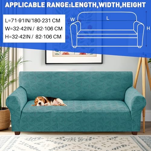 YEMYHOM 1 Piece Stretch Couch Covers for 3 Cushion Couch, Jacquard Sofa Cover with Non-Slip Elastic Bottom, Thickened Slipcover Furniture Protector for Dogs Pets (Large, Peacock Blue）
