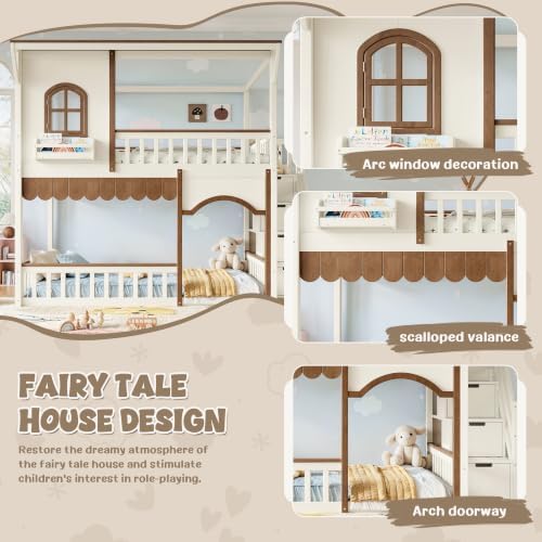 Full Over Full Size House-Shaped Wooden Bunk Bed with Window, Beige