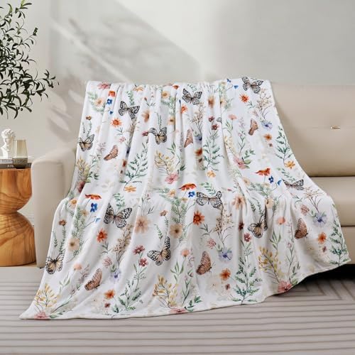 Floral Blanket Butterfly Wildflower Throw Blankets Colorful Flowers Botanical Plant Leaf Blanket Soft Cozy Flannel Fleece Bed Blankets for Couch Sofa Bed Lounging