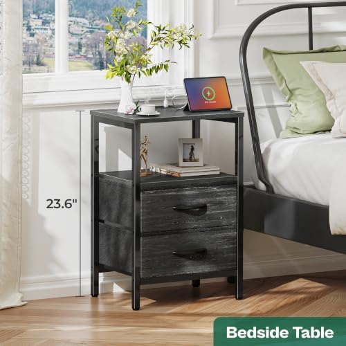 Huuger Nightstand with Charging Station, Side Table with Fabric Drawers