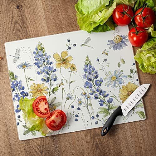 CounterArt Lovely Blue Florals 3mm Tempered Glass Cutting Board 15" x 12"