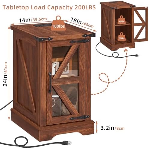 Joaxswe Narrow Night Stand Set 2 with Charger Station, Glass Barn Door