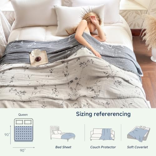 Simple&Opulence Cotton Muslin Blanket Queen Size 90"x90", Reversible Yarn-Dyed Vintage White Floral Jacquard, 3-Layer Gauze with Tassels, Soft Lightweight Breathable All-Season Bedspread for Bed Couch