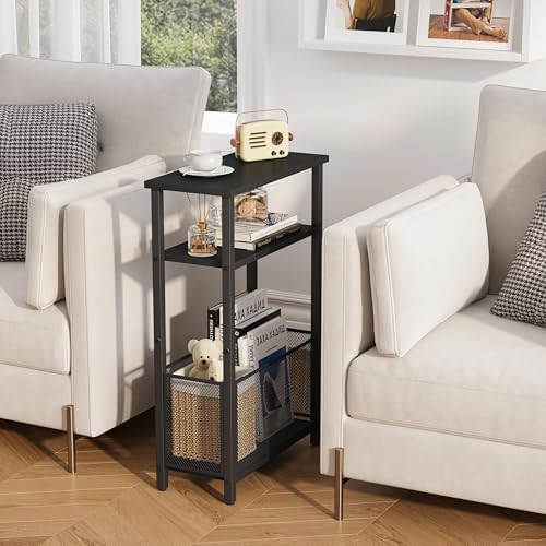 MMEOLUOOK Narrow Side Table with Storage Basket Skinny End Tables for Smalls Spaces 3 Tier Sofa Table Small Nightstand Slim Bedside Table for Living Room Bedroom Black MLBZ22B