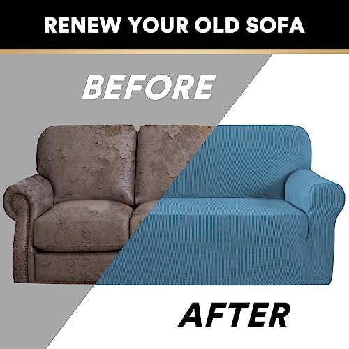 PrinceDeco Stretch Sofa Cover Slipcover Couch Covers for 3 Cushion Couch Furniture Protector Sofa Covers with Non Slip Elastic Bottom Dogs Pet Friendly Fitted (Sofa, Dusty Blue)