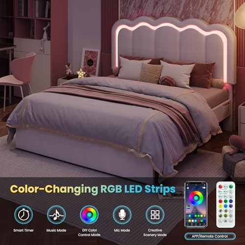 SHA CERLIN Full Size Bed Frame with LED Lights and Storage Drawer, White