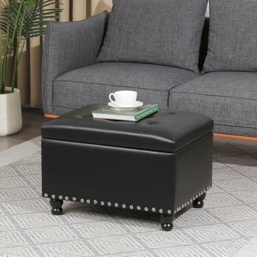 Adeco Storage Ottoman Bench, 23-Inch Upholstered Faux Leather Footrest Stool with Safety Hinge for Entryway & Bedroom, Rectangular Accent Furniture, Holds 350 lbs, Black