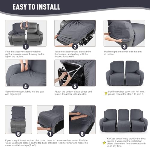 KinCam Recliner Sofa Covers, Stretch Reclining Cover, Dark Gray