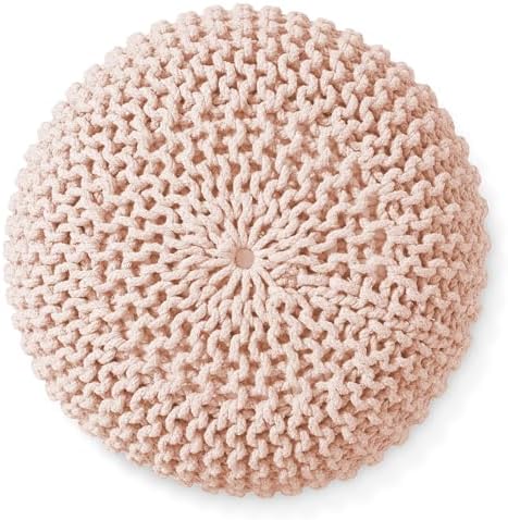 Casafield Round Pouf Ottoman, Light Pink - 20" Diameter x 14.5" High Cotton Knit Foot Stool - Boho Floor Pouffe for Living Room, Bedroom, Home Office