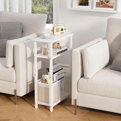 MMEOLUOOK Narrow Side Table with Storage Basket Skinny End Tables for Smalls Spaces 3 Tier Sofa Table Small Nightstand Slim Bedside Table for Living Room Bedroom White MLBZ22W