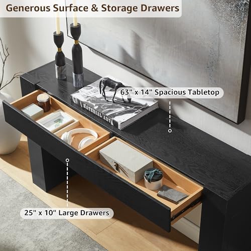 OKD 63" Console Table with Drawers, Thick Block Entryway Table, Black