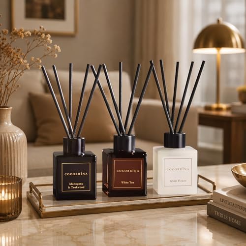 COCORRÍNA Hotel Collection Reed Diffuser Set, 3.04 fl oz Trio, Mahogany Teakwood, White Flower & White Tea, Home Fragrance for Bathroom, Bedroom, Entryway & Office