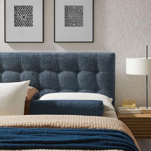 Modway Lily Full Size Headboard with Biscuit Tufting in Navy - Fabric Upholstery with Padded Design and 5 Height-Adjustable Mounts