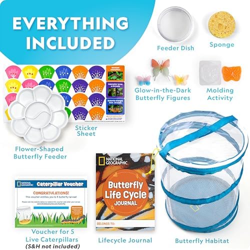 National Geographic Ultimate Butterfly Growing Kit - Butterfly Activity Kit with Voucher for 5 Live Caterpillars, Butterfly Cage, Butterfly Feeder